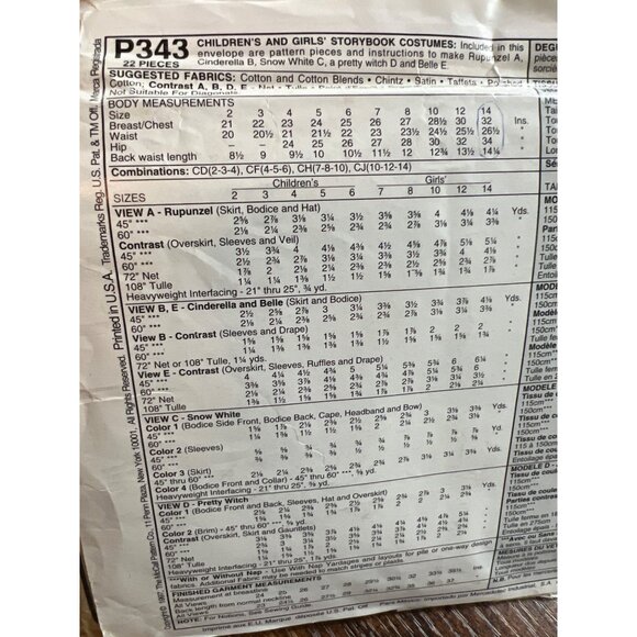 McCall's Costumes Pattern P343 Children's Storybook Dresses Sizes 2-14 - Picture 2 of 2